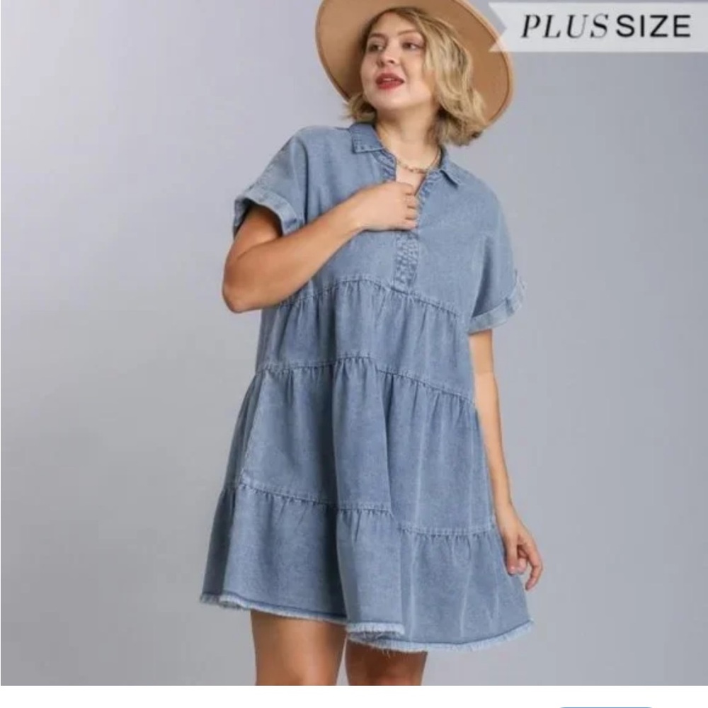 Velvet Heart Blue Midi Tencel Denim Tiered Pullover V-Neck Plus size Dress